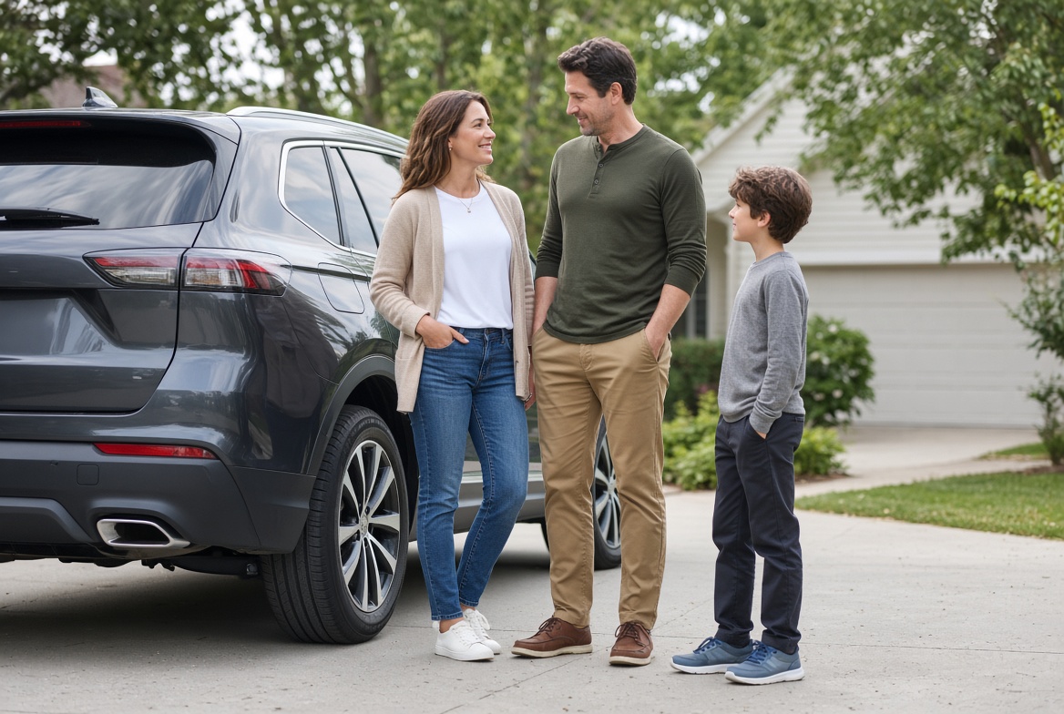 Family standing next to their SUV in a driveway